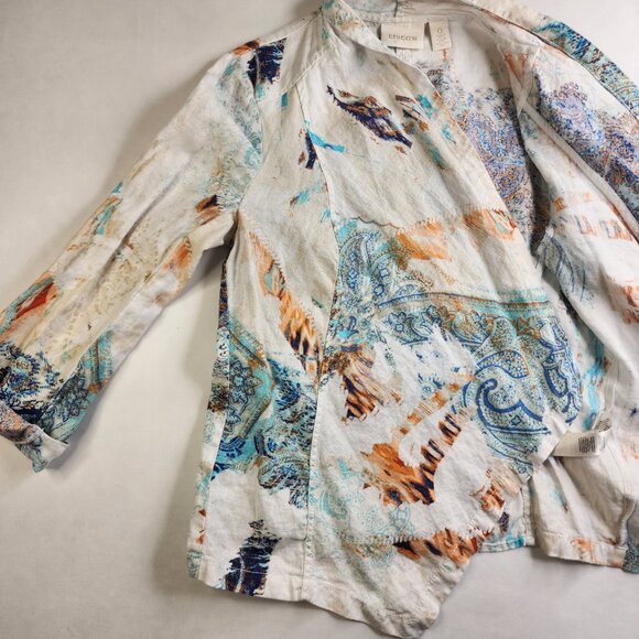 Chicos Women’s Cardigan Size 0 XS White Multi Abstract Open Front Chiffon Dolman - Picture 6 of 13